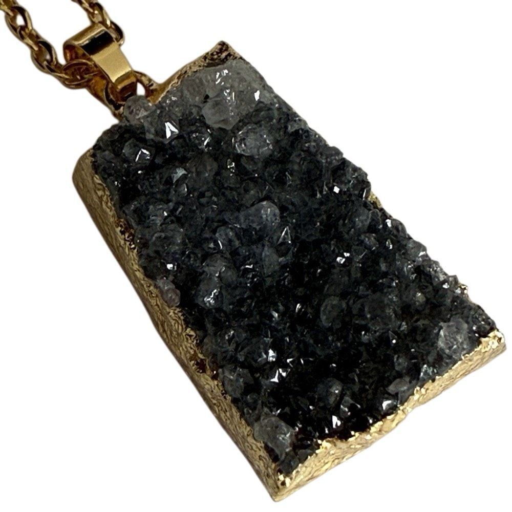 Men’s Black Druzy Quartz Pendant Necklace, Rough Crystal Nugget with Gilded Edge